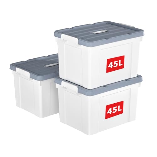 Cetomo 45L*3 Storage Boxes, Carry Plastic Storage Box with Lids, Organizing Container with Handle and Secure Latches, Nestable & Stackable Tote Box for Home Office, 45L-3 Pack, White