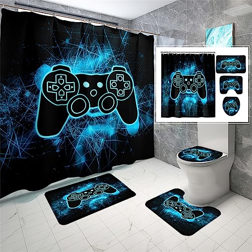 BATATADOCE Game Shower Curtain for Boy - Gaming Shower Curtains Sets with Shower Curtain and Rugs Kids Bathroom Set Gamer Shower Curtains for Bathroom Decor,Blue 70x70 Inch