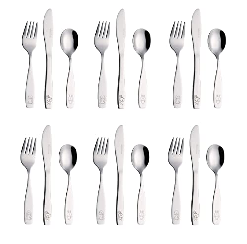 Exzact Children Cutlery Set 18pcs Stainless Steel Kids Toddler 24M+ - Dishwasher Safe Mirror Polished Food Grade Meals Snacks Easy Grip Fork Rounded Knife Spoon Engraved Dog Cat Bunny