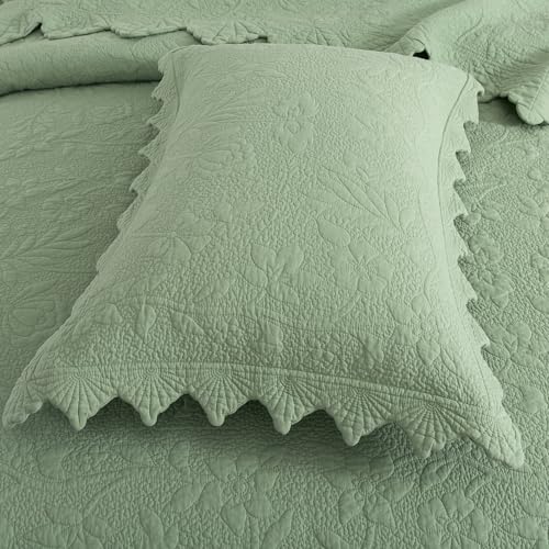 Brandream Standard Size Quilted Pillow Shams Cotton Set of 2 Sage Green Farmhouse Scallop Edge Decorative Pillow Covers