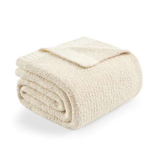 Snuggle Sac Queen Size Bedding Blanket Ivory, Oversized Super Soft Bed Blankets Warm Cozy Knit Fuzzy Microfiber Blankets for Bed, Heather Ivory, 90 x90