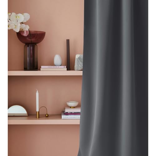 ROOM99 Laurel Curtain with Eyelets, 140 x 250 cm, Width x Height Blackout Opaque Sliding Curtains, Living Room, Bedroom, Dark Grey, Pack of 1