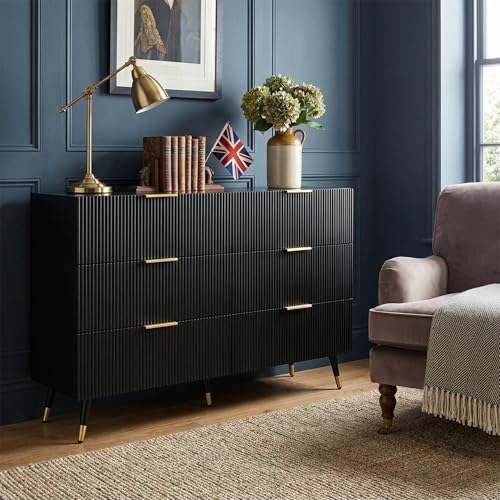 39F Furniture Dream Modern Black and Gold Sideboard, 6-Drawer Chest of Drawers, Wave Texture, Gold Handles & Legs, Particle Board Storage Cabinet, 120cm Wide, for Living Room, Dining Room, Bedroom