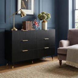 39F Furniture Dream Modern Black and Gold Sideboard, 6-Drawer Chest of Drawers, Wave Texture, Gold Handles & Legs, Particle Board Storage Cabinet, 120cm Wide, for Living Room, Dining Room, Bedroom