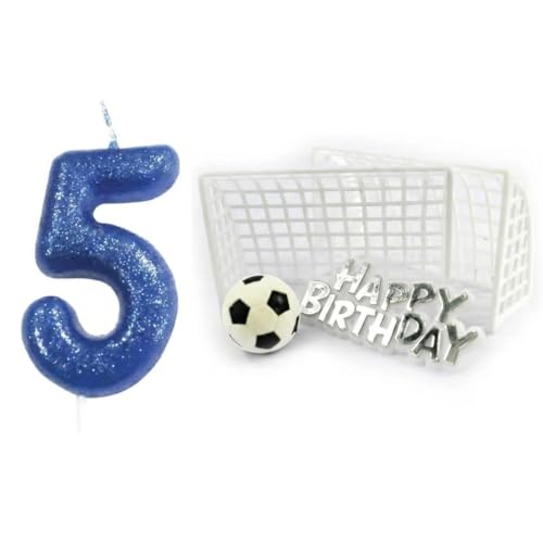Age 5 Birthday Candle Set - Blue Glitter Numeral Candle with Football Theme Cake Topper Kit - Kids Cake Decorations for 5th Birthday Party - AMZ027
