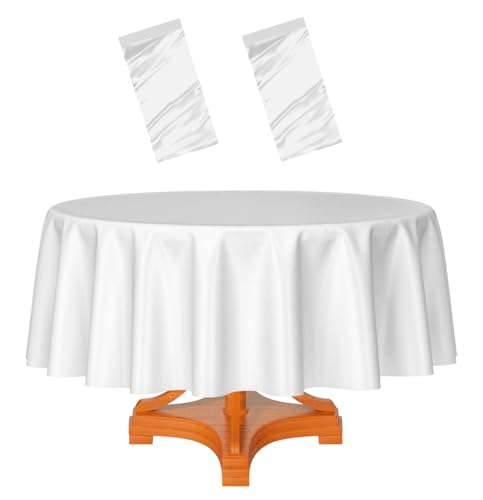 HEIPINIUYE 2 Pack White Round Tablecloth 84 Inch Disposable Round Plastic Table Cloth Waterproof Round Table Cover for Indoor Outdoor Party Birthday Camping Picnic Baby Shower