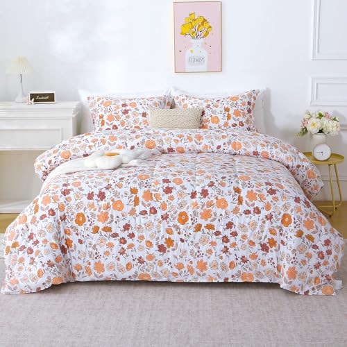 Mooreeke Duvet Cover Full Size, 3 Piece Orange and Red Floral Duvet Cover Set with Zipper Closure, Soft & Breathable Botanical Patterned Microfiber Bedding Set with 4 Corner Ties and 2 Pillow Shams