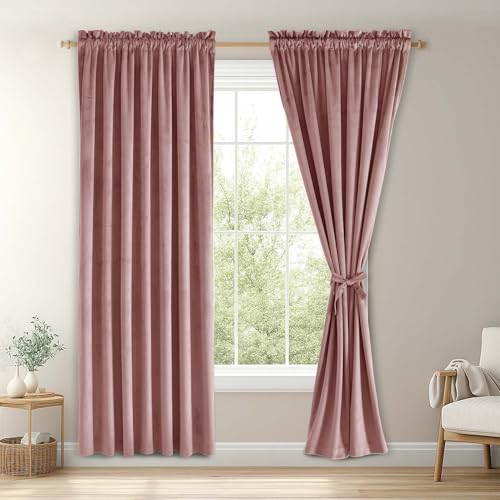JIUZHEN Wild Rose Velvet Curtains 2 Panels Set, Soft Block Light Thermal Insulated Noise Reducing Rod Pocket Curtains for Living Room and Bedroom, 52W x 72L, 2 Panels with Tiebacks