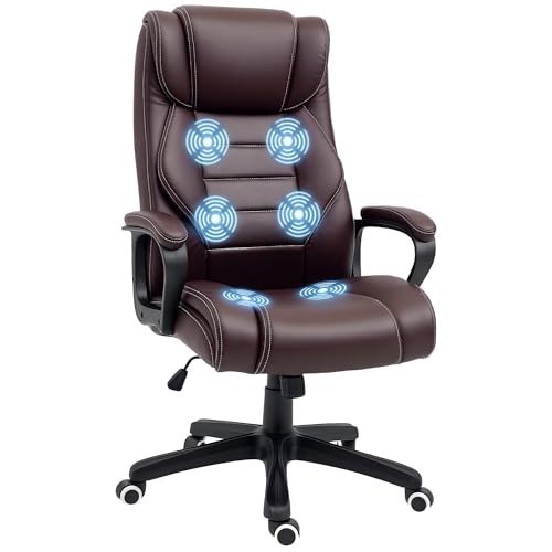 Vinsetto Office Chair with 6-Point Maaage, PU Desk Chair with Padded Seat and Armrest, Computer Chair with Tilt Function for Home, Brown