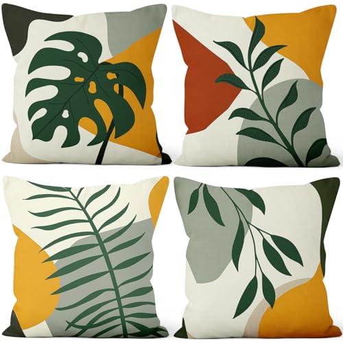 "Vie Savaran 4 Pcs/Set Tropical Leaves Throw Pillow Covers Boho Summer Green Leaf Botanical Monstera Farmhouse Minimalist Linen Pillow Cases for Home Outdoor Sofa Couch Decorative, 22""x22"""