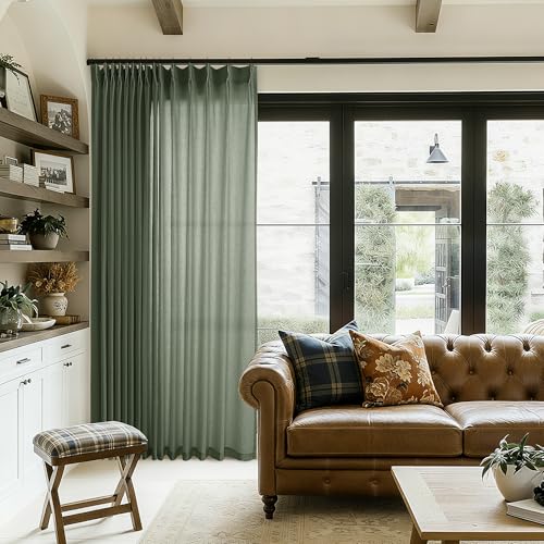 Olive Green Extra Wide Pinch Pleated 100 x 102 Inch Linen Curtains for Living Room Light Filtering Semi Sheer Pleat Drape with Hooks Rings Back Tab for Patio Glass Sliding Door Curtain 102 Inch Long