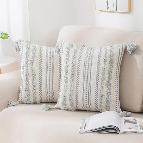 decorUhome Decorative Boho Throw Pillow Covers 18x18 Set of 2, Accent Neutral Textured Tufted Pillow Covers Striped for Couch Bed Sofa Living Room, Grey and Cream White