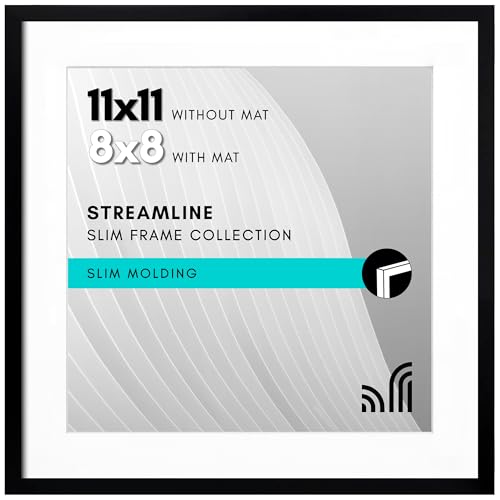 Americanflat 11x11 Picture Frame in Black - Thin Border 9x9 Picture Frame with Mat or 11x11 Frame Without Mat - Shatter Resistant Glass - Horizontal and Vertical Formats for Wall and Tabletop