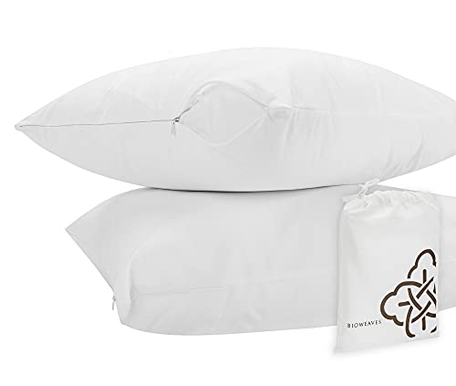 Bioweaves 100% Organic Cotton Breathable Pillow Protectors GOTS Certified with Zipped Closure – Standard, 20” x 26”, 4-Pack