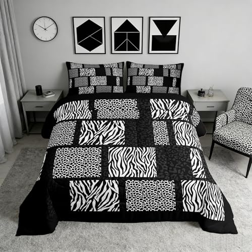 Leopard Cheetah Zebra Skin Comforter/Duvet Set King Size,Wildlife Animal Fur Print Ultra Soft Luxury Modern Bed Collection,3D Geometric Patchwork Bedding for Room Decor 3 Pcs,Microfiber Breathable