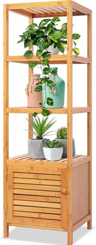 SereneLife Bamboo Slim Shelving Cupboard, Shelves with Cabinet for Bathroom Storage & Towel Organizer, Bathroom Cabinet, Bookcase, Living Room, Fits in Corners & Small Spaces, Freestanding Furniture