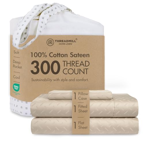 Threadmill Twin XL Bedding Set 100% Cotton Satin Damask Jacquard Fitted Sheets 40 cm Elastic Soft Breathable 3-Piece Cooling Bedding Set Beige