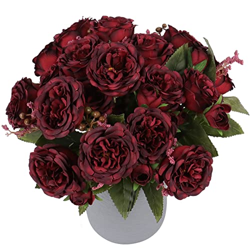 Pusuny 4 Bundles Peonies Artificial Flowers, Fake Burgundy Peonies for Home Decoration and Wedding Bride Bouquet, Fake Peony Flowers Bulk as Crafts DIY Faux Plants Without Vase (Burgundy Red)