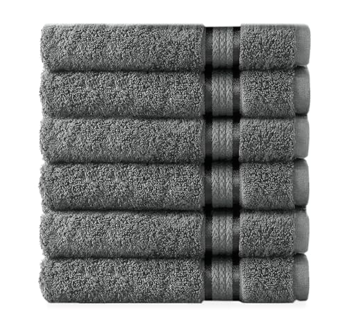 COTTON CRAFT - Ultra Soft 6 Pack Hand Towels -41x71 -Charcoal - Pure Ringspun Cotton - Luxurious Rayon trim - Ideal for everyday use - Easy care machine wash