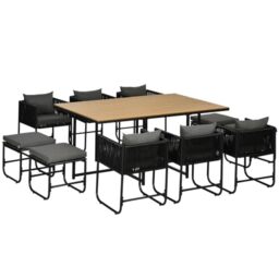 Outsunny 10 Seater Rattan Cube Garden Furniture Set with Cushions Black - Rattan Dining Set, Outdoor Dining Table and Chairs, 6 Armchairs, 4 Stools, Rectangular Wood Grain Plastic Top Table