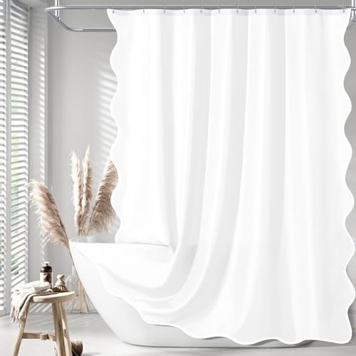 ORTIGIA White Scalloped Fabric Shower Curtain, Aesthetic Cute Scallop Preppy Shower Curtain Ruffle Waterproof Bath Bathroom Decor with Metal Hook 72 W x 84 H Inch