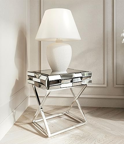 CARME Knightsbridge Collection - Grey & Silver Mirrored Side Table - 3D Glass Effect Design - With Drawer - Chrome Crossed Legs - Bedroom Living - Room Furniture