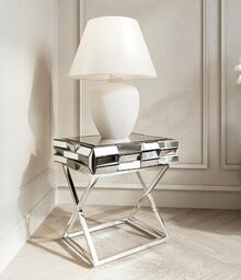 CARME Knightsbridge Collection - Grey & Silver Mirrored Side Table - 3D Glass Effect Design - With Drawer - Chrome Crossed Legs - Bedroom Living - Room Furniture