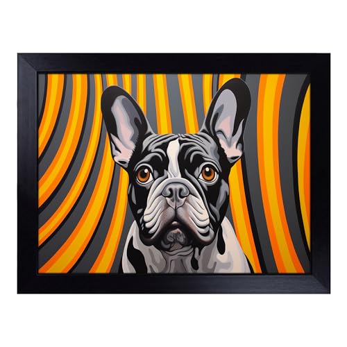 Lap Tray with Bean Bag Cushion, French Bulldog Op Art - Handmade in the UK, Raised Wooden Edge, Padded Cushion, Heat-Resistant Wipe-Clean Surface, for Meals, Laptops and Crafts