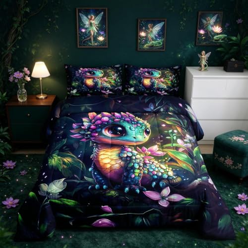 Feelyou Dragon Comforter Set Twin Size Dragon Stuff Comforter for Boys Girls Teens Wild Life Bedding Set Flower and Grass Duvet Set Room Decor Balck Green Quilt Set