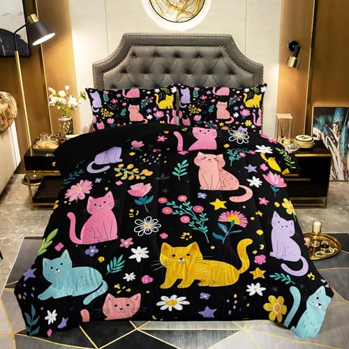 QOOMO Floral Cat Comforter Twin Size,Black Cats Comforter Set for Kids Teens Girls,3Pcs Bedding Set Printed Comforter with 2 Pillowcases,Down Alternative,Soft and Lightweight(Black???Twin Size)