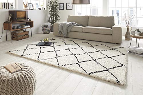 MINT RUGS Allure High Pile Living Room Rug Soft Fluffy Long Pile Shaggy Flokati Diamond Pattern for Living Room Kitchen Hallway or Bedroom Cream Black 80 x 150 cm