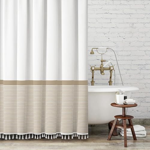 Seasonwood Beige Shower Curtain White Striped Tassel Shower Curtains for Bathroom 72x72 Neutral Shower Curtain, Waterproof