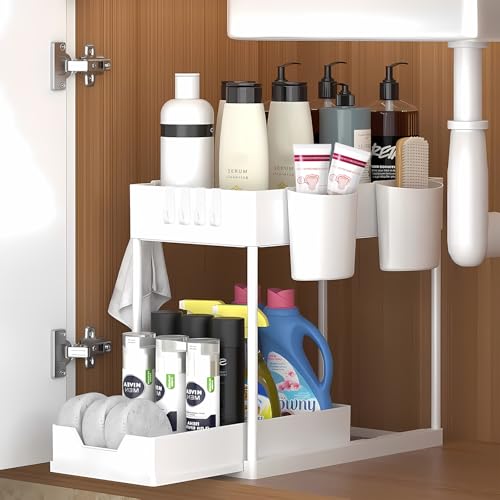 KOOSREEL Under-Sink Organizer 2 Levels, Sliding Basket, White, 39 cm (D) x 37.5 cm (H) x 21 cm (W), Kitchen, Bathroom, Office, Multifunctional Storage Basket