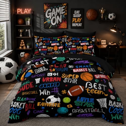 Nttopship Sports Ball King Comforter Set,Football Rugby Basketball Bedding Set for Kids Boys Girls Youth Ball Sports Themed Bedroom Decor Bedding Set 7 Pcs Bed in A Bag