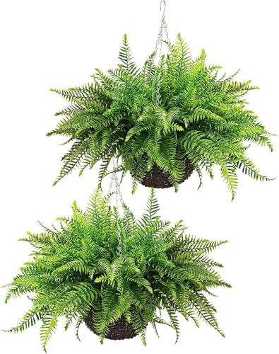 QIANYUN 2PCS Fake Hanging Plant- 23in Boston Ferns Greenery Plants Artificial Persian Rattan Outdoor UV Resistant Plastic Plants for Front Porch Living Room Garden Decor- Including Hanging Planters