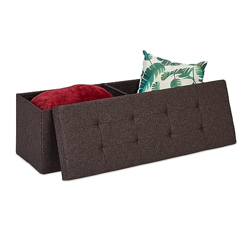 Relaxdays Folding Storage Bench, Padded, Hinged Lid, Hallway Chest, Divider, 120 L, Bedroom Stand, Brown