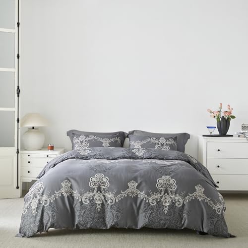 YuHeGuoJi Gray Duvet Cover King Size 100% Egyptian Cotton Boho Damask Duvet Cover Set 3 Pieces 1 Paisley Medallion Pattern Duvet Cover with Zipper Ties 2 Pillowcases Grey Bedding Super Soft Breathable