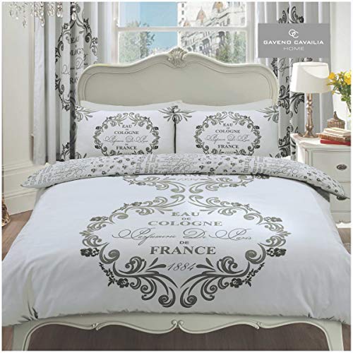 GC GAVENO CAVAILIA Luxury Script Duvet Cover, Reversible Cosy Quilt Bedding Set, Premium Bedroom Accessory, Silver, Super-King, Polycotton