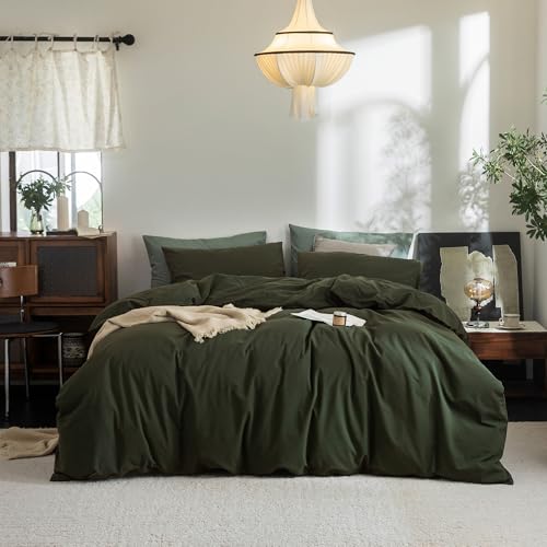 FOSSA Duvet Cover Set 100% Washed Cotton Linen Feel Oversized King Plus - Super Soft Breathable Lightweight & All Season Bedding Set with Hidden Zipper & 8 Corner Ties (Olive Green)