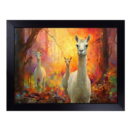 Lap Tray with Bean Bag Cushion, Llama Impressionism - Handmade in the UK, Raised Wooden Edge, Padded Cushion, Heat-Resistant Wipe-Clean Surface, for Meals, Laptops and Crafts