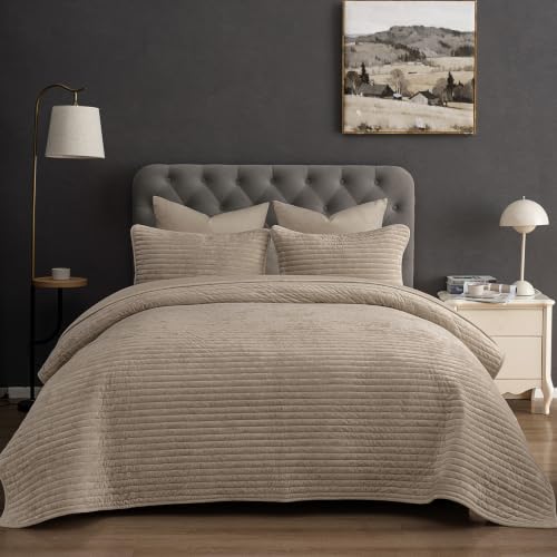 "PHF Luxury Velvet Quilt Set Twin Size ??? 2PCS Ultra Soft Quilted Comforter Alternative with Striped Channel, Cozy Quilted Bedspread, 1 Coverlet with 1 Matching Sham, 68"" x 92"", Oxford Tan"