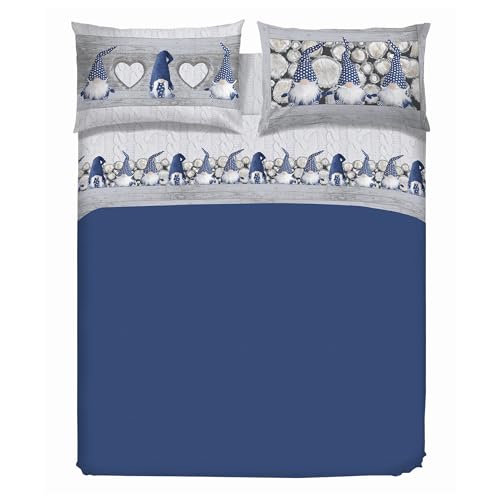 PENSIERI DELICATI Flannelette Single Duvet Cover Set, 100% Cotton, 155 x 200 cm Bag and Pillowcase 52 x 82 cm, Made in Italy, Duvet Cover Machine Washable at 40 °, Blue Gnome Pattern