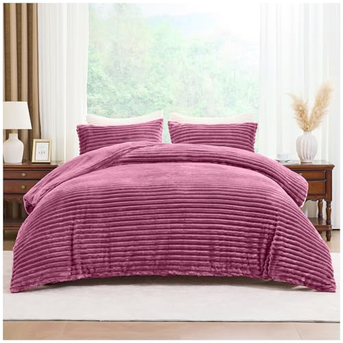GC GAVENO CAVAILIA Ribbed Fleece Bedding Sets King Size 220x230Cm - Super Soft Polyester King Size Duvet Cover Sets With Pillow Cases, Thermal Warm Cozy Fluffy Winter Quilt Cover Bed Set,Winter Berry
