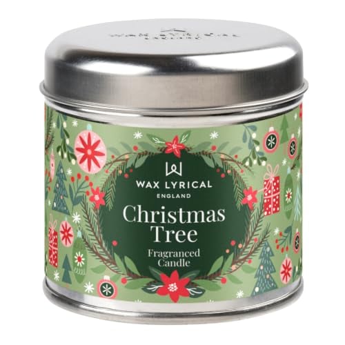 Wax Lyrical Christmas Tree Candle Tin, Up to 35 Hour Burn Time - Pine Needle, Eucalyptus and Cedarwood Scents, Amber and Musk, a Festive Woodland Fragrance
