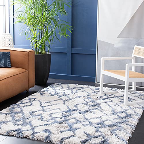 Safavieh Shag Rug for Living Room, Dining Room, Bedroom - Horizon Shag Collection, Short Pile, in Ivory and Blue, 91 X 152 cm