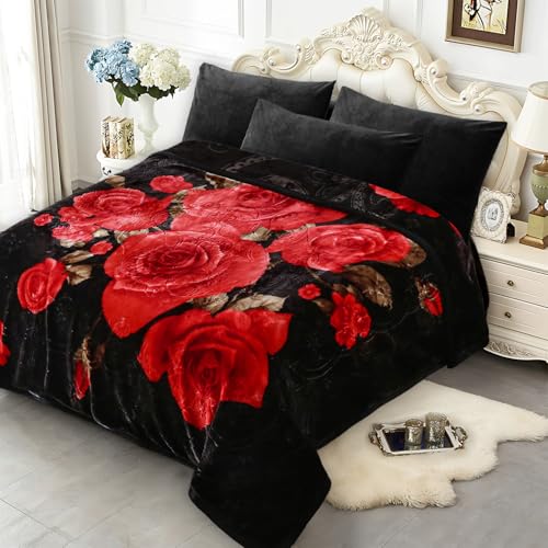 JYK Soft Blanket Korean Mink Blanket, 5.7 LB Fleece Blanket King 83'' x 91'' - 2 Ply Reversible 520GSM Super Soft Plush, Medium Thick, Warm Bed Blanket for Autumn Winter - Peony/Rose