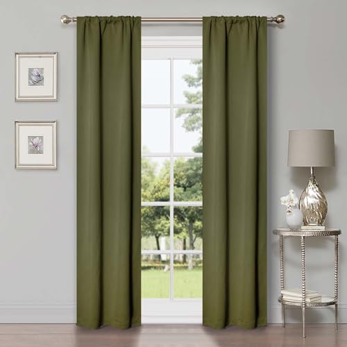 "Superior Blackout Curtains, Room Darkening, Bedroom, Drapes, Kitchen, Living Room Window Accents, Sun Blocking, Thermal, 2 Pack, Rod Pocket, Solid Blackout Curtains, Set of 2, 26"" x 84"", Olive Green"