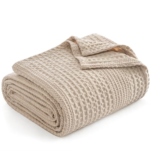"PHF Lightweight Waffle Weave Blanket Twin Size, Breathable & Ultra Soft, 66""x 90"" Soft & Cozy Thin Blanket for Spring & Summer & Hot Sleepers, Bed, Home Decor - Light Tan"