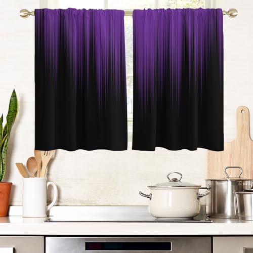 "AAtter Purple and Black Kitchen Curtains, Ombre 27.5"" W x 39"" L, 2 Panels - Dark Gothic Rod Pocket, Plum Abstract Moody Style, Witchy Modern Anime Design, Small Short Bathroom Window Tiers for Women"