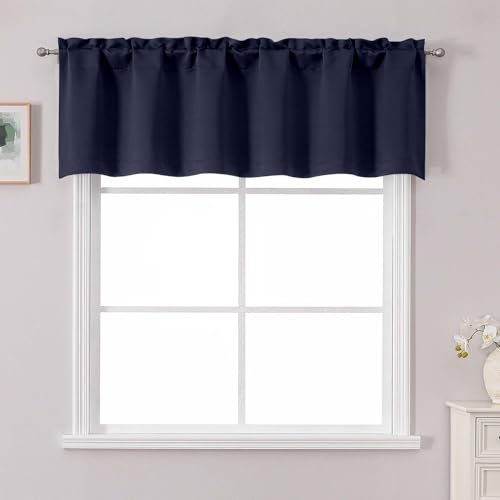 "Chyhomenyc Navy Blue Kitchen Valance for Windows, Room Darkening Solid Small Kitchen Valance for Small Windows, Rod Pocket Short Window Treatment Curtain Bathroom Basement RV Bunk, 60"" Wx16 L"